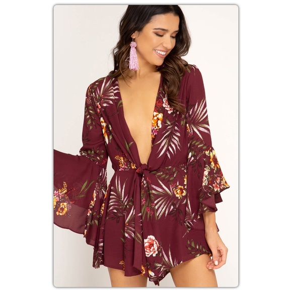 The NEW Boutique Pants - Wine Red Floral Plunging Front Romper